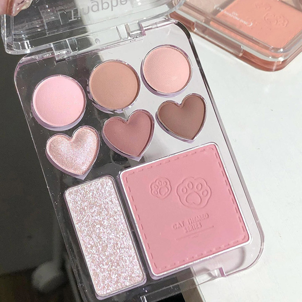 Heart-Shaped Color Pink Orange Eyeshadow Palette with Facial Blusher & Highlighter, Brightening, Lasting Eye Shadow