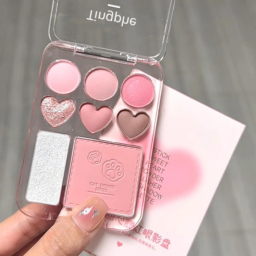 Heart-Shaped Color Pink Orange Eyeshadow Palette with Facial Blusher & Highlighter, Brightening, Lasting Eye Shadow