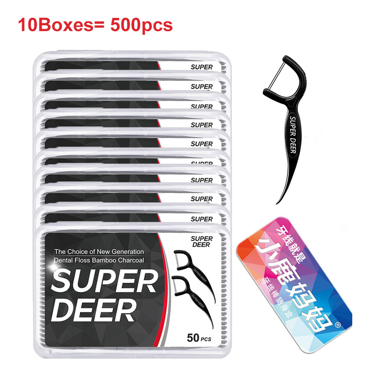 Super Deer Twinline Dental Floss 500Pcs Bamboo Charcoal Toothpick With Thread For Deep Clean Betwee