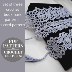 Set of three crochet bookmark patterns and cord pattern. Gift handmade for book lovers. Crochet pattern pdf.