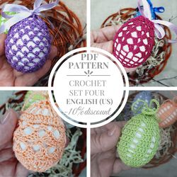 Set of 4 crochet patterns. Crochet pattern Easter basket for egg. Easter decoration. Cover crochet Easter for eggs DIY.