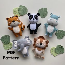 Safari animals PDF Pattern, Felt Pattern Hippo Elephant Lion Panda Tiger, Sewing pattern tutorials, Felt Safari animals