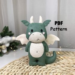 Felt dragon Pattern, Green toy dragon PDF Pattern, Felt tutorials, Christmas ornaments felt dragon, Sewing felt pattern