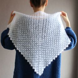 Hand-knitted white wedding veil, Gossamer lace crochet wrap, Crocheted cobweb, Triangle wool headscarf