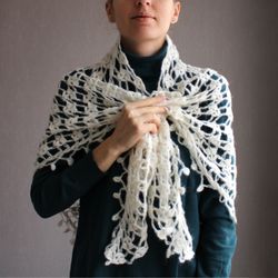 Hand-knitted sheer triangle veil, Ivory tassel wrap, Bridal chapel veil, Hip skirt tassel scarf, Gift for bride