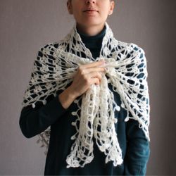 hand-knitted sheer triangle veil, ivory tassel wrap, bridal chapel veil, hip skirt tassel scarf, gift for bride