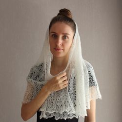 Knitted wedding veil, Gossamer lace crochet wrap, Crocheted cobweb, Triangle wool headscarf, Delicate sheer scarf