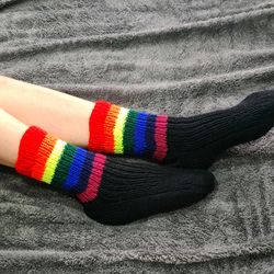 rainbow crew socks, handmade socks with colorful stripes, wool-blend leg warmers, lgbt pride socks