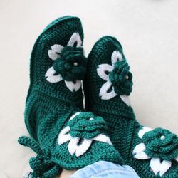 crochet wool blend slipper booties, women green slippers