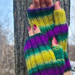 vegan striped fingerless gloves, hypoallergenic gloves, bright arm warmers, handmade soft and warm mittens