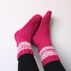 Ornament red socks, Socks for swollen ankles, Christmas socks, Wool winter socks, Women cozy stockings