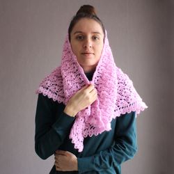 Pink crochet shawl, Warm triangle wrap, Delicate sheer headscarf, Breathable elegant floral scarf