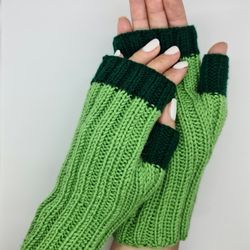 cute knitted ribbed fingerless gloves for women - green strechy mittens - gift under 30