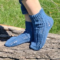 Alpaca hand-knitted women's fishnet socks, Girly blue ankle socks
