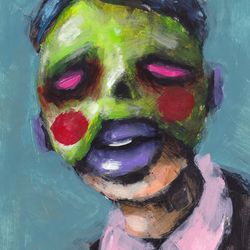 Mr. Green maska. Zombie painting original art, Horror Dark art creepy Contemporary Outsider Art. Acrylic, paper