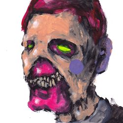 Mr. Kozha Face. Zombie painting original art, Horror Dark art creepy Contemporary Outsider Art. Acrylic, paper