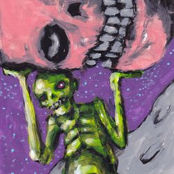 Mr. Moon Gravity. Zombie painting original art, Horror Dark art creepy Contemporary Outsider Art. Acrylic, paper