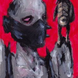 Mr. Grey i Ptica. Zombie painting original art, Horror Dark art creepy Contemporary Outsider Art. Acrylic, paper