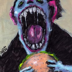 Mr. Big Burger. Zombie painting original art, Horror Dark art creepy Contemporary Outsider Art. Acrylic, paper