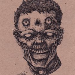 Mr. Dve golovi ink. Zombie painting original art, Horror Dark art creepy Contemporary Outsider Art. Acrylic, paper