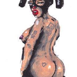 Mrs. Bigrabbit. Nude Erotic NSFW Zombie painting original art, Horror Dark art creepy Art. Acrylic, paper