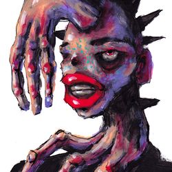 Mrs. Ruki Kruki. Zombie painting original art, Horror Dark art creepy Contemporary Outsider Art. Acrylic, paper