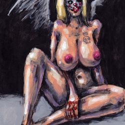 Mrs. Angeldead. Nude Erotic NSFW Zombie painting original art, Horror Dark art creepy Art. Acrylic, paper
