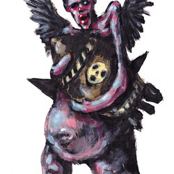 Mr. Bomb Lover. Zombie painting original art, Horror Dark art creepy Contemporary Outsider Art. Acrylic, paper