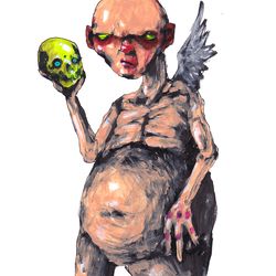 Mr. Green skull. Zombie painting original art, Horror Dark art creepy Contemporary Outsider Art. Acrylic, paper