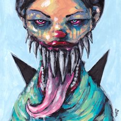 Mrs. Ostrozubova. Zombie painting original art, Horror Dark art creepy Contemporary Outsider Art. Acrylic, paper