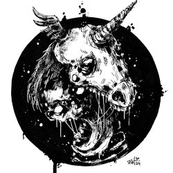 Mr. Black unicorn. Zombie painting original art, Horror Dark art creepy Contemporary Outsider Art. Acrylic, paper