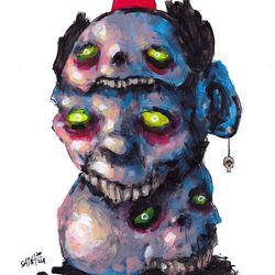 Mr. Tri golovi. Zombie painting original art, Horror Dark art creepy Contemporary Outsider Art. Acrylic, paper