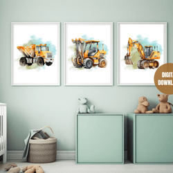 Printable Vertical Set of 3 Vehicle Prints, Watercolor Construction Trucks Printable Wall Art, Truck Wall Art, Construct