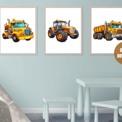 Printable Vertical Set of 3 Vehicle Prints, Watercolor Construction Trucks Printable Wall Art, Transportation Nursery, K