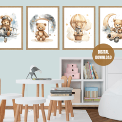 Printable Vertical Set of 4 Teddy Bear Print, Watercolor Teddy Bear Printable Wall Art, Teddy Bear Nursery Decor, Digita