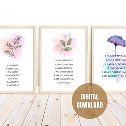 Printable Set of 12 Self-Love Affirmation Wall Art Posters, Mindfulness Self-Care Printable Art