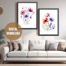Printable Set of 2 Watercolor Flowers Wall Art Posters, Neutral Modern Wall Art, Flowers Art Prints, Digital Download