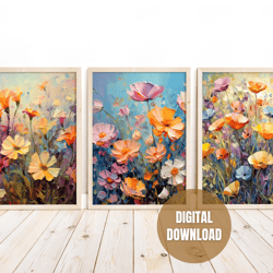 Printable Set of 3 Flowers in impressionism Wall Art Posters, Printable Flowers Wall Art, Digital Download