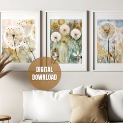 Printable Set of 4 Watercolor Dandelions Wall Art Posters, Neutral Modern Art, Flowers Art Prints, Digital Download