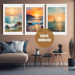 Printable Set of 5 Vintage Landscape Sea in Impressionism Wall Art Posters, Sea Wall Art, Digital Download