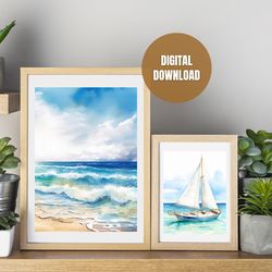 Printable Set of 4 Landscape Sea in Minimalism Wall Art Posters, Sea Wall Art, Digital Download