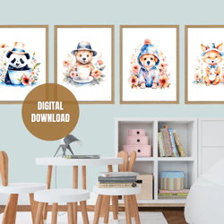 Printable Vertical Set of 4 Cute Animals Wall Art, Watercolor Little Animals Printable Posters for Kids, Digital Downloa