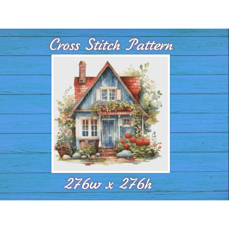 Cottage - Cross Stitch Pattern - PDF Counted House Village - Fabulous Fantastic Magical Little House in Garden - House in Flowers .jpg