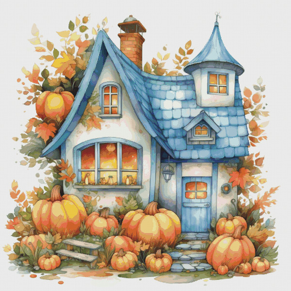 Cottage Autumn - Cross Stitch Pattern - PDF Counted House Village - Fabulous Fantastic Magical House in Garden Pumpkins - 5 Sizes.png