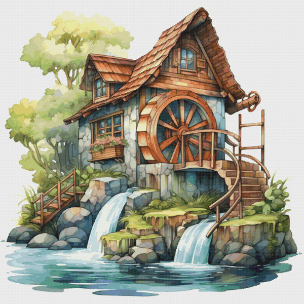 The House by the River - Cross Stitch Pattern - PDF Counted The House is Wooden - Fabulous Fantastic Magical House with a Mill - 5 Sizes.png