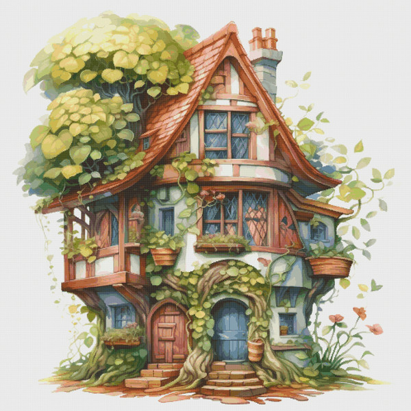 Cottage in Garden - Cross Stitch Pattern - PDF Counted House Village - Fabulous Fantastic Magical Cottage - House in Flowers - 5 Sizes.png