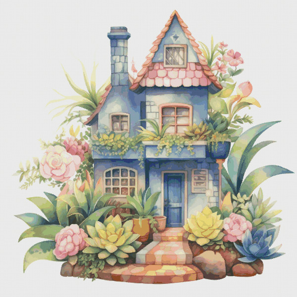 Cottage in Flowers - Cross Stitch Pattern - PDF Counted House Village - Fabulous Fantastic Magical House in Garden - 5 Sizes.png