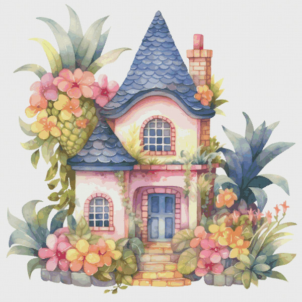 Cottage in Flowers - Cross Stitch Pattern - PDF Counted House Village - Fabulous Fantastic Magical House in Garden - Pineapple - 5 Sizes.png