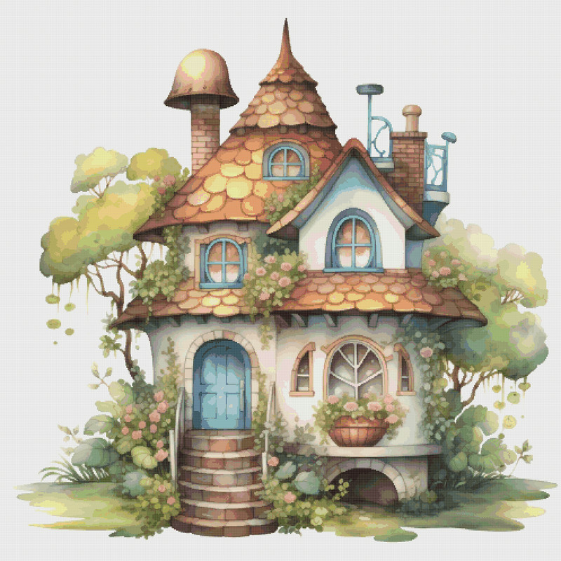 Cottage - Cross Stitch Pattern - PDF Counted House Village - Fabulous Fantastic Magical Little House in Garden - House in Flowers - 5 Sizes.png