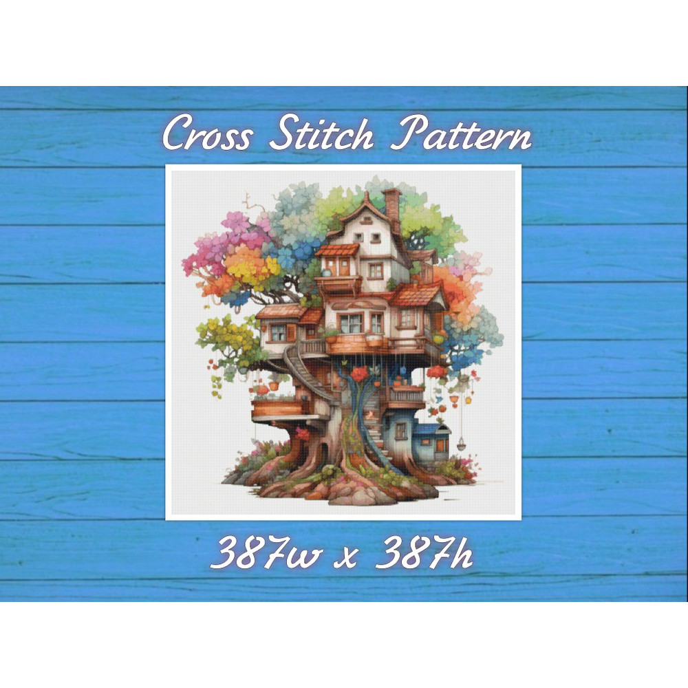 TreeHouse Cross Stitch Pattern PDF Counted House Village - Fabulous Fantastic Magical Cottage - Cottage in Garden .jpg